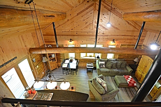 17377 Paradise Shores Rd, Maple Grove Twp, MN 56401 - living area featuring wood ceiling, beamed ceiling, wood walls, and wood finished floors