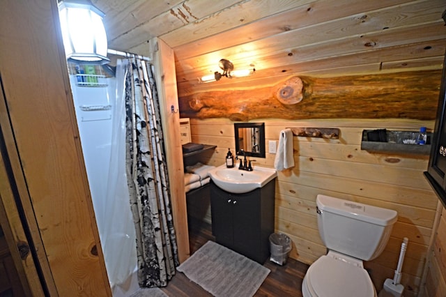 17377 Paradise Shores Rd, Maple Grove Twp, MN 56401 - bathroom with vanity, toilet, wood finished floors, and a shower with curtain