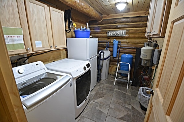 17377 Paradise Shores Rd, Maple Grove Twp, MN 56401 - laundry area featuring cabinet space, separate washer and dryer, log walls, and wood ceiling