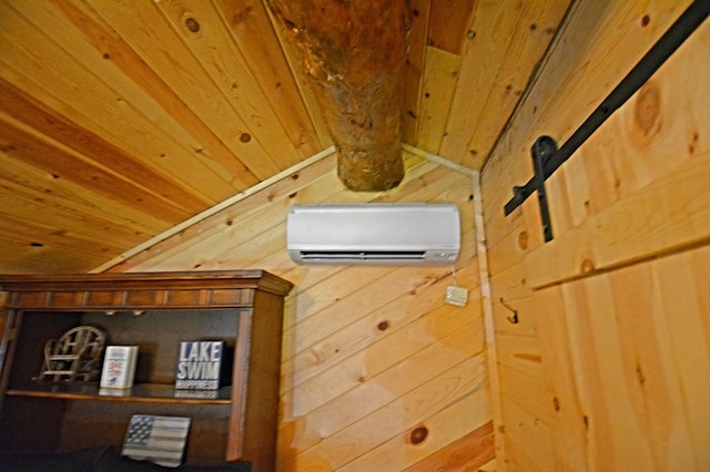 17377 Paradise Shores Rd, Maple Grove Twp, MN 56401 - detailed view of wood ceiling, a wall mounted air conditioner, and wood walls