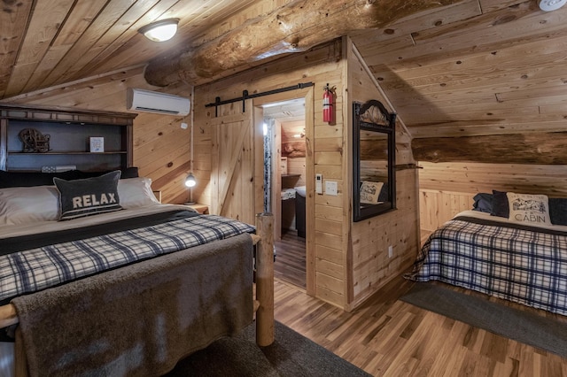 17377 Paradise Shores Rd, Maple Grove Twp, MN 56401 - bedroom with vaulted ceiling, an AC wall unit, wooden ceiling, a barn door, and wood walls