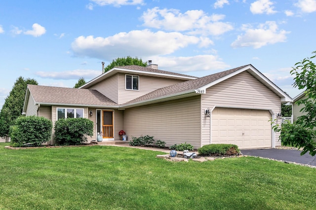 3649 Tower Pond Dr, Anoka, MN 55303 - view of front facade with an attached garage, driveway, a front lawn, and a chimney