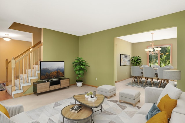 13638 43rd St NE, Saint Michael, MN 55376 - living area featuring a chandelier, stairs, and light colored carpet