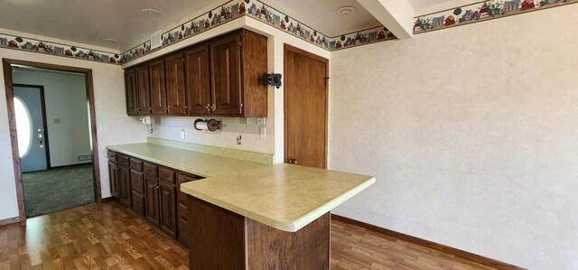 621 16th St, Albert Lea, MN 56007 - kitchen with a peninsula, light countertops, and dark wood-type flooring