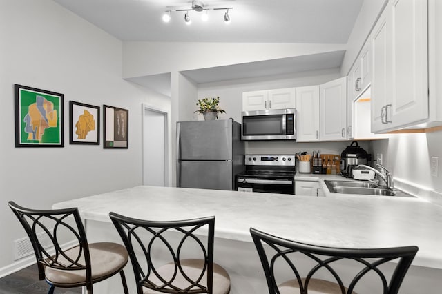 1030 Pond View Ct, Vadnais Heights, MN 55127 - kitchen with stainless steel appliances, vaulted ceiling, a sink, a peninsula, and light countertops