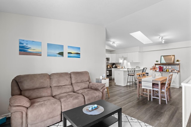 1030 Pond View Ct, Vadnais Heights, MN 55127 - living room featuring vaulted ceiling, a skylight, dark wood-style flooring, and rail lighting