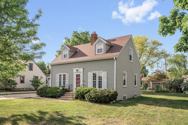 cape cod-style house with a chimney, a front lawn, and roof with shingles