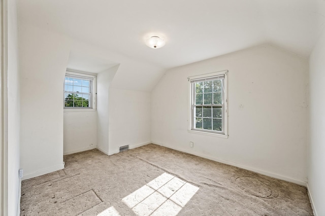 additional living space featuring vaulted ceiling, plenty of natural light, carpet flooring, and baseboards