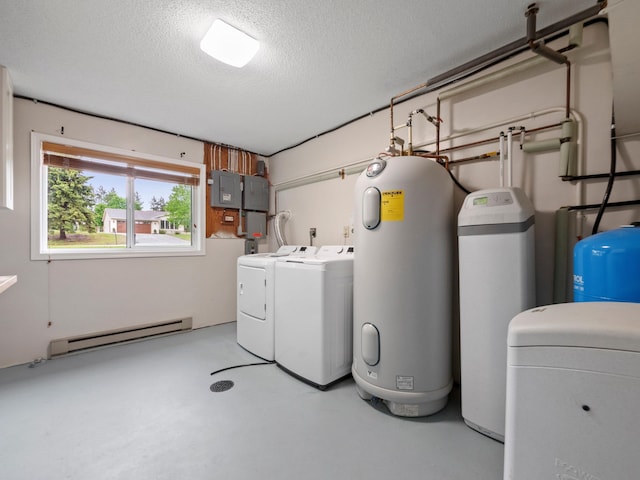 2908 Crestwood Dr NE, Alexandria Twp, MN 56308 - washroom featuring a baseboard radiator, independent washer and dryer, a textured ceiling, water heater, and electric panel