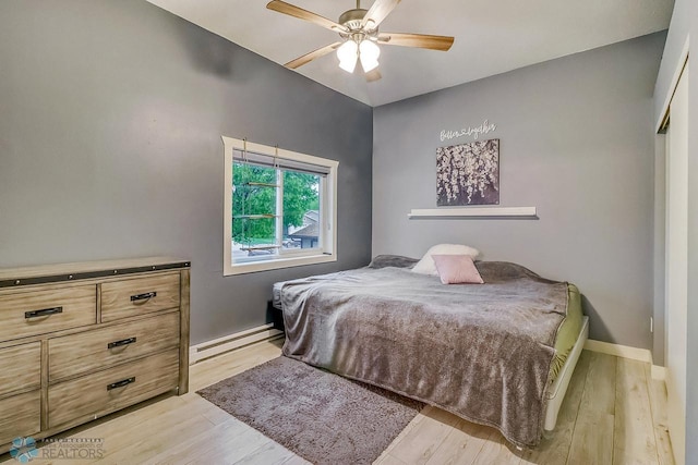 2814 26th Street Cir S, Moorhead, MN 56560 - bedroom featuring light wood-type flooring, a baseboard radiator, baseboards, and a ceiling fan