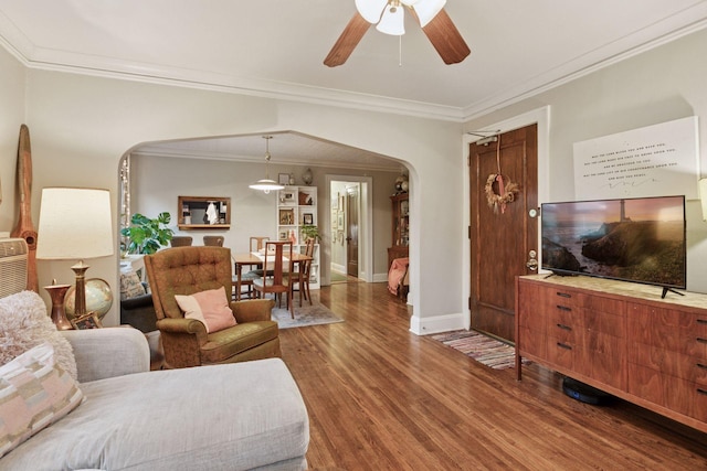 285 Cliff St Unit 4, Saint Paul, MN 55102 - living room with arched walkways, wood finished floors, ornamental molding, baseboards, and a ceiling fan