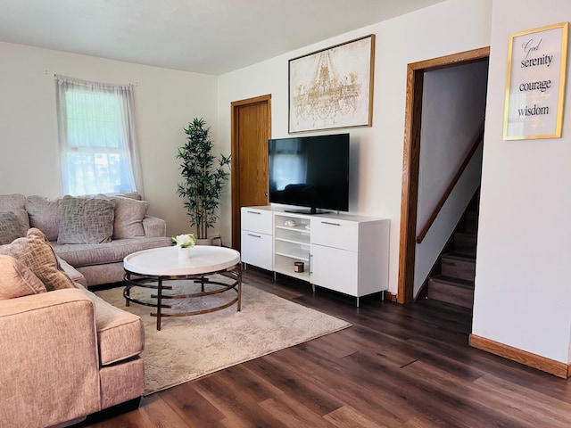 5117 Clear Spring Rd, Minnetonka, MN 55345 - living area with dark wood finished floors, stairway, and baseboards