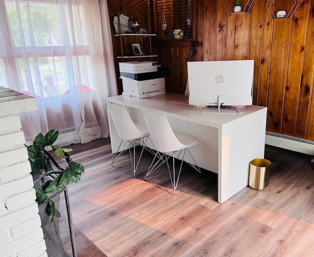5117 Clear Spring Rd, Minnetonka, MN 55345 - office area featuring wood finished floors, a baseboard radiator, and wooden walls