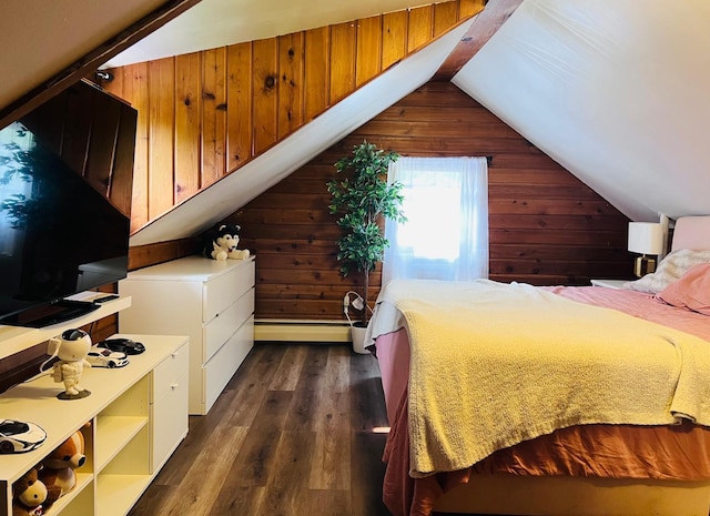 5117 Clear Spring Rd, Minnetonka, MN 55345 - bedroom with wooden walls, baseboard heating, vaulted ceiling, and dark wood finished floors