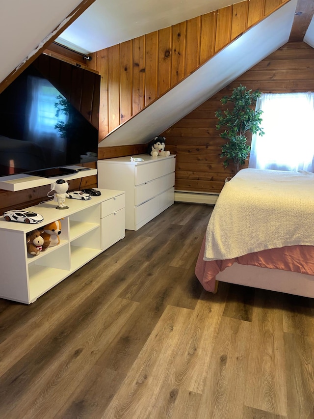 5117 Clear Spring Rd, Minnetonka, MN 55345 - bedroom featuring lofted ceiling, a baseboard radiator, wood walls, and dark wood-type flooring