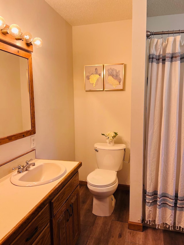 5117 Clear Spring Rd, Minnetonka, MN 55345 - full bath featuring a textured ceiling, wood finished floors, toilet, vanity, and curtained shower