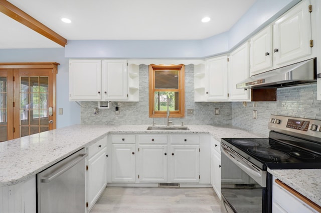 2515 Belmont Ln E, North Saint Paul, MN 55109 - kitchen with stainless steel appliances, under cabinet range hood, open shelves, a sink, and a peninsula