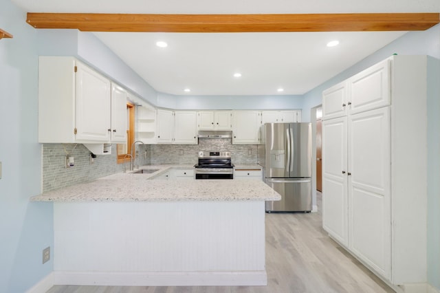 2515 Belmont Ln E, North Saint Paul, MN 55109 - kitchen with appliances with stainless steel finishes, a sink, under cabinet range hood, tasteful backsplash, and a peninsula