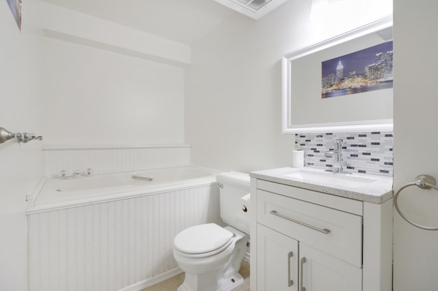 2515 Belmont Ln E, North Saint Paul, MN 55109 - bathroom with decorative backsplash, vanity, toilet, and a tub to relax in