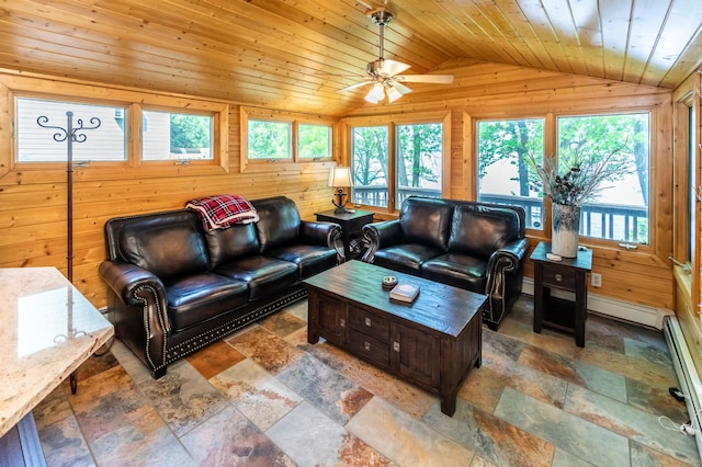 3010 Fairview Rd SW, Prior Lake, MN 55372 - living room featuring lofted ceiling, stone tile floors, wood ceiling, a ceiling fan, and wood walls