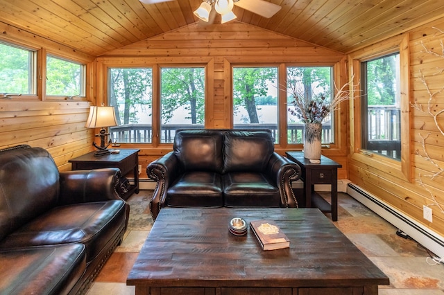 3010 Fairview Rd SW, Prior Lake, MN 55372 - living area with vaulted ceiling, a baseboard heating unit, ceiling fan, and wood walls