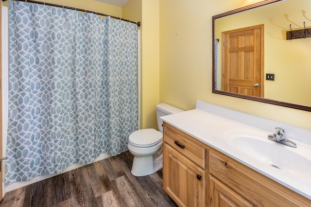 3010 Fairview Rd SW, Prior Lake, MN 55372 - bathroom featuring wood finished floors, toilet, vanity, and a shower with curtain
