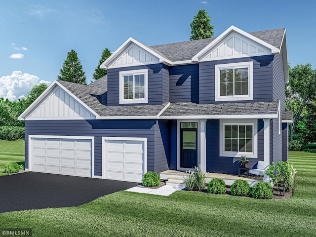 10101 Blackmoor Rd, Woodbury, MN 55129 - view of front facade featuring asphalt driveway, board and batten siding, a front yard, covered porch, and roof with shingles