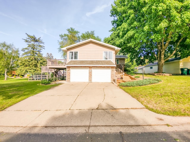 620 Maple St, Dassel, MN 55325 - view of front of house featuring stairway, a garage, a front lawn, brick siding, and driveway
