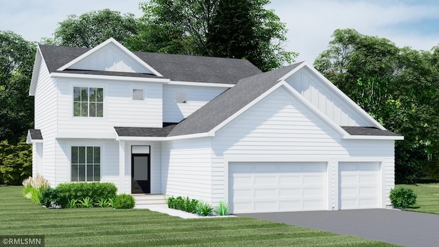 10157 Blackmoor Rd, Woodbury, MN 55129 - modern farmhouse with board and batten siding, a front yard, roof with shingles, and an attached garage