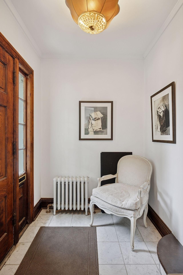 1785 Dupont Ave S, Minneapolis, MN 55403 - living area featuring radiator, crown molding, and baseboards