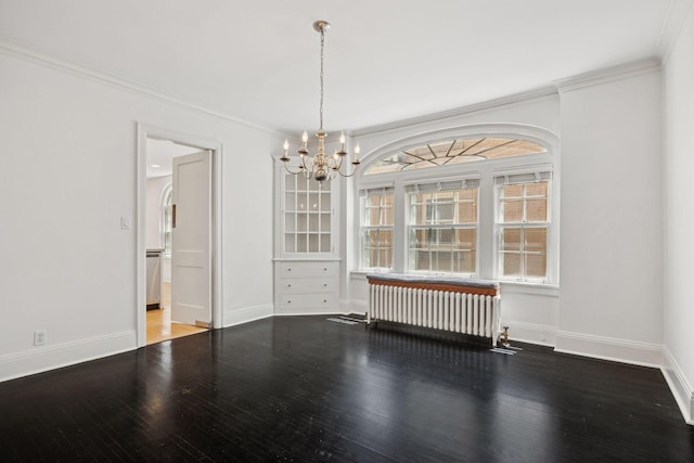 1785 Dupont Ave S, Minneapolis, MN 55403 - empty room featuring wood finished floors, a chandelier, radiator, crown molding, and baseboards
