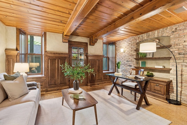 8 Grove St Unit 8B, Minneapolis, MN 55401 - living room featuring wooden ceiling, beamed ceiling, and light wood-type flooring