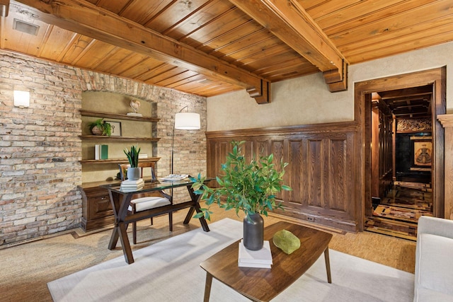 8 Grove St Unit 8B, Minneapolis, MN 55401 - living room featuring wood ceiling, beamed ceiling, and light colored carpet