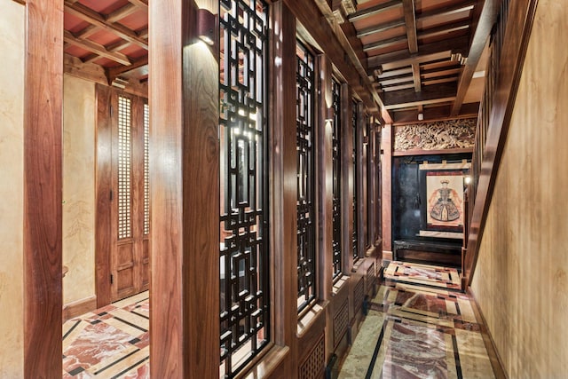 8 Grove St Unit 8B, Minneapolis, MN 55401 - corridor with inlaid floor details, coffered ceiling, beamed ceiling, and baseboards