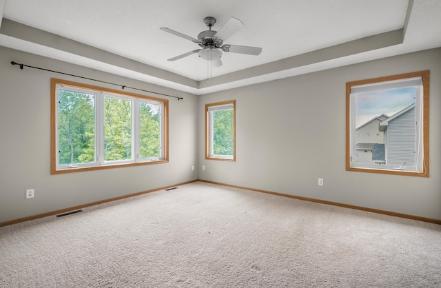 10543 Noble Cir N, Brooklyn Park, MN 55443 - unfurnished room featuring baseboards, carpet floors, ceiling fan, and a tray ceiling