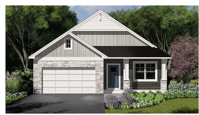 17939 Grantham Ln, Lakeville, MN 55044 - view of front facade with stone siding, a shingled roof, board and batten siding, and asphalt driveway