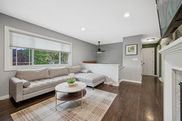 3807 Independence Ave N, New Hope, MN 55427 - living room with dark wood-style flooring, baseboards, a ceiling fan, and recessed lighting
