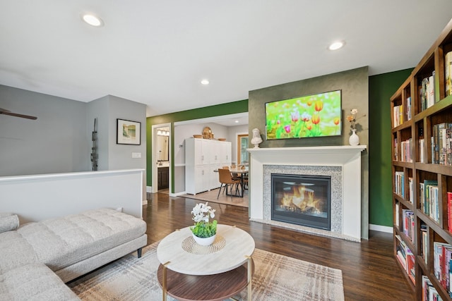 3807 Independence Ave N, New Hope, MN 55427 - living room with wood finished floors, a glass covered fireplace, recessed lighting, baseboards, and a ceiling fan