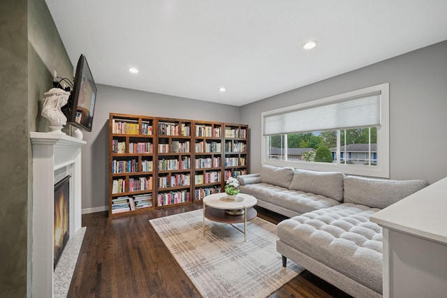 3807 Independence Ave N, New Hope, MN 55427 - living area with dark wood finished floors, a warm lit fireplace, recessed lighting, and baseboards