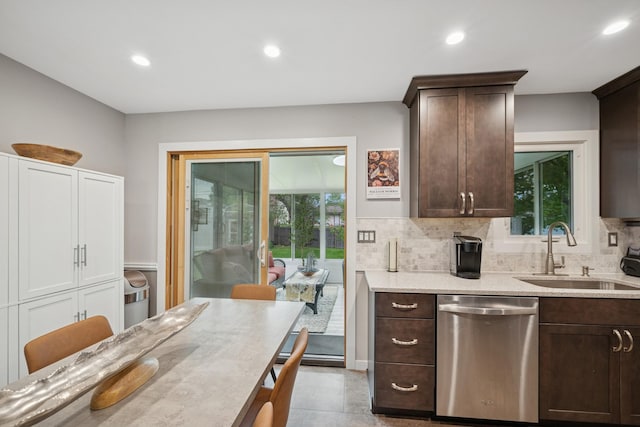 3807 Independence Ave N, New Hope, MN 55427 - kitchen featuring dishwasher, a sink, dark brown cabinets, plenty of natural light, and recessed lighting