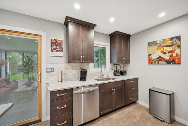 3807 Independence Ave N, New Hope, MN 55427 - kitchen featuring stainless steel dishwasher, a sink, dark brown cabinets, healthy amount of natural light, and recessed lighting