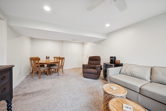 3807 Independence Ave N, New Hope, MN 55427 - living area featuring light carpet, baseboards, recessed lighting, and a ceiling fan