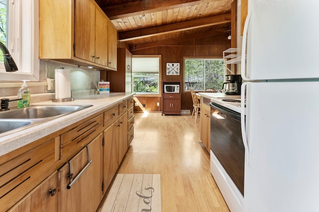 kitchen featuring white appliances, wooden ceiling, light wood finished floors, a sink, and light countertops