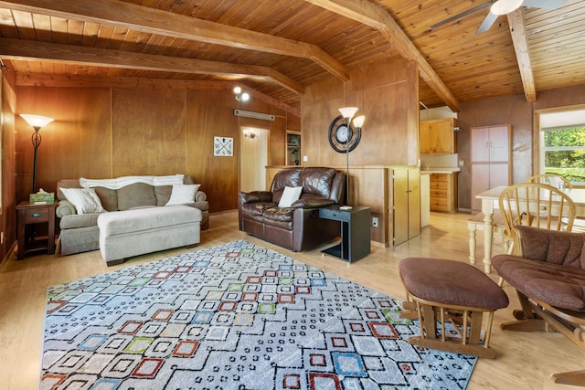 living room with wooden ceiling, wooden walls, wood finished floors, and ceiling fan