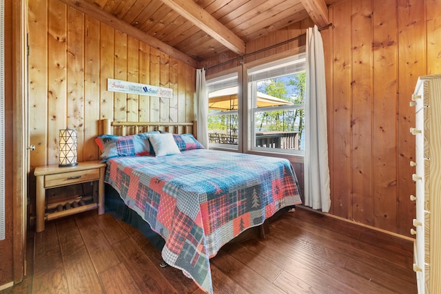 bedroom featuring dark wood-style floors, beam ceiling, wooden ceiling, and wood walls