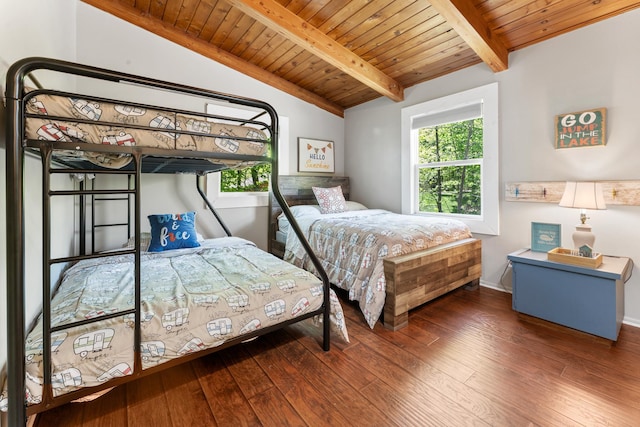 bedroom with wood-type flooring, wood ceiling, and baseboards