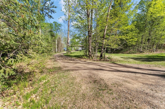 view of dirt / gravel road featuring a view of trees