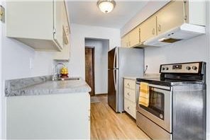 709 11th Ave S Unit 5, Hopkins, MN 55343 - kitchen with appliances with stainless steel finishes, under cabinet range hood, light countertops, a sink, and light wood-style flooring