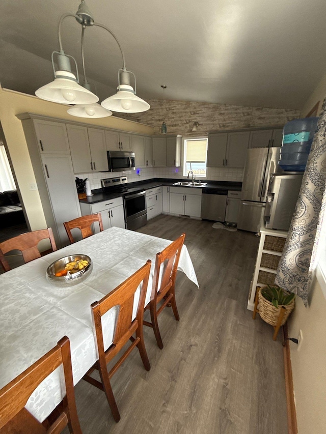 16161 6th St N, Lakeland, MN 55043 - kitchen featuring appliances with stainless steel finishes, dark wood finished floors, a sink, and dark countertops