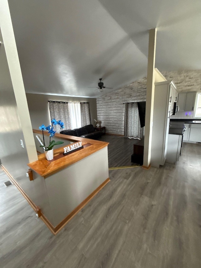 16161 6th St N, Lakeland, MN 55043 - living room with wood finished floors, ceiling fan, vaulted ceiling, and plenty of natural light